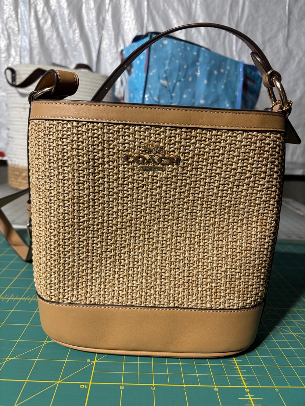 Coach Tan Straw-Trim Bucket Crossbody Bag
